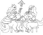  alis_(fdokkaku) anthro armor big_breasts black_and_white bread breasts clothed clothing curvy_figure dragon duo eating female food fully_clothed furniture hair holding_object horn huge_breasts long_hair meat miss_l monochrome nipple_outline overweight overweight_anthro overweight_female sausage sitting stool table thick_thighs vdisco voluptuous wide_hips 