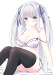  1girl arms_at_sides bare_shoulders bed_sheet black_thighhighs blue_ribbon bow bow_bra bra breasts cleavage closed_mouth collarbone expressionless feet_out_of_frame grey_eyes grey_hair hair_intakes hair_ribbon highres knees_up large_breasts light_blush long_hair looking_at_viewer on_bed original panties ribbon side-tie_panties sidelocks sitting solo straight_hair strap_slip suzunashi_rei thighhighs twintails underwear underwear_only very_long_hair white_background white_bra white_panties 
