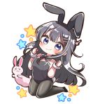  1girl animal animal_ears bangs bare_shoulders black_footwear black_hair black_hairband black_legwear black_leotard black_neckwear blue_eyes blush bow bowtie breasts bunny bunny_day bunny_ears bunny_hair_ornament bunny_tail bunnysuit chibi clenched_hands closed_mouth collar commentary_request detached_collar eyebrows_visible_through_hair fake_animal_ears full_body hair_ornament hairband hairclip hands_up high_heels jako_(jakoo21) kneeling leotard looking_at_viewer pantyhose sakurajima_mai seishun_buta_yarou shoes simple_background small_breasts smile solo star_(symbol) strapless strapless_leotard tail v-shaped_eyebrows white_background white_collar wrist_cuffs 