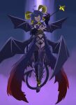  1girl 32zzz ahoge black_hair black_thighhighs breastless_clothes breasts corset demon_tail demon_wings facial_tattoo forward_facing_horns gauntlets hair_between_eyes highres hiiragi_utena horns maebari magia_baiser mahou_shoujo_ni_akogarete multiple_horns multiple_wings navel parted_lips pasties purple_corset purple_pasties sidelocks small_breasts solo star_pasties star_wand symbol-shaped_pupils tail tattoo teeth thighhighs upper_teeth_only wings x-shaped_pupils yellow_eyes 