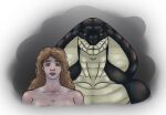 abstract_background alexandra_(crazmax) anthro breasts crazmax duo female hair herman_(crazmax) human male male/female mammal muscular reptile scales scalie size_difference snake snake_hood