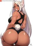  1girl :d animal_ears ass back back_cutout bare_shoulders black_one-piece_swimsuit boku_no_hero_academia breasts clothing_cutout dark-skinned_female dark_skin english_commentary from_behind hand_on_own_ass highres huge_ass large_breasts long_eyelashes long_hair looking_at_viewer looking_back mirko one-piece_swimsuit parted_bangs patreon_username rabbit_ears rabbit_girl rabbit_tail red_eyes signature smile solo sweat swimsuit tail tail_through_clothes thigh_gap thighs toned very_long_hair white_hair wide_hips xhaart 