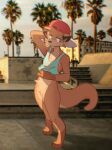 anthro backwards_hat brown_ears brown_eyes chester_the_otter clothed clothing clothing_lift english_text fur hand_on_belly hat headgear headwear hi_res imkrisyim male mammal mustelid otter palm_tree plant raised_clothing raised_shirt raised_topwear real red_clothing red_hat red_headwear shirt shirt_lift sidewalk solo tan_body tan_fur tank_top text topwear tree vtuber