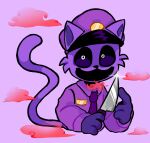 anthro bonnie_kuro catnap_(poppy_playtime) cosplay crossover crossover_cosplay domestic_cat felid feline felis hi_res holding_knife holding_object knife looking_at_viewer male mammal open_mouth poppy_playtime red_smoke security_uniform smiling_critters smoke solo