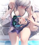  2girls aqua_eyes arm_garter azur_lane bangs bare_shoulders bikini black_hair blush breasts cheshire_(azur_lane) cheshire_(summery_date!)_(azur_lane) cleavage detached_sleeves drake_(azur_lane) drake_(the_golden_hind&#039;s_respite)_(azur_lane) eyebrows_visible_through_hair eyewear_on_head highres lap_pillow large_breasts long_hair multicolored_hair multiple_girls outdoors purple_bikini short_hair sidelocks silver_hair smile streaked_hair sunglasses swimsuit thighs uosaasou water white_bikini 