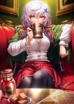  1girl arm_rest beer_mug black_pantyhose breasts buttons character_request copyright_request cup drinking food green_jacket hair_between_eyes hair_ornament highres holding holding_cup indoors jacket jar large_breasts light_particles long_sleeves looking_at_viewer map mug oyu_udon painting_(object) pantyhose pink_eyes plate purple_hair red_skirt shirt short_hair sitting skirt solo white_shirt x_hair_ornament 