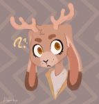  2020 anthro antlers big_eyes brown_body brown_eyes brown_fur bust_portrait clothed clothing digital_media_(artwork) eyebrows female fur horn jackalope lagomorph leporid lineless long_ears looking_at_viewer mammal pattern_background portrait pupperdogs rabbit simple_background solo thick_eyebrows toony 