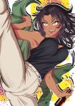  1girl absurdres anime_coloring armpits ass_visible_through_thighs bare_shoulders beer_bottle belt bouncing_breasts breasts brown_hair buttons commission dark-skinned_female dark_skin drunk green_jacket high_kick highres jacket kicking large_breasts licking_lips long_eyelashes long_hair messy_hair muhamuha-moon39 open_clothes open_jacket original outline paint_splatter pants sharp_teeth shiny_skin skeb_commission solo spilling spread_legs tan teeth thick_thighs thighs tight_clothes tight_pants tongue tongue_out upper_teeth_only veins white_background white_outline yellow_background yellow_eyes 