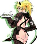  1girl :p artist_name ass backless_outfit backless_pants belt belt_pouch black_belt black_horns black_scarf blonde_hair breasts brown_gloves chaps demon_horns demon_tail dorohedoro drop_shadow dumpling food from_behind gloves hand_on_own_hip high_ponytail highres holding holding_food holding_plate horns leather leather_gloves long_hair looking_at_viewer nikaidou_(dorohedoro) pants plate pouch red_eyes revealing_clothes satsu_(satsscarlet) scarf sideboob simple_background solo sparkle tail tongue tongue_out 