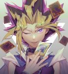  1boy atem black_hair blonde_hair blue_jacket bracelet card chain choker collarbone dark_magician face fingernails gradient gradient_background holding holding_card jacket jacket_on_shoulders jewelry multicolored multicolored_hair mutou_yuugi necklace one_eye_closed parted_lips purple_choker purple_eyes purple_hair smile solo teeth upper_body wenz yuu-gi-ou 