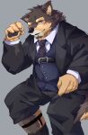 absurd_res anthro blush boar_stag144 brown_body brown_fur canid canine canis clothing domestic_dog footwear fur garter_belt garter_belt_socks garter_straps hi_res lifewonders live_a_hero male mammal muscular muscular_anthro muscular_male necktie pubraseer socks solo suit