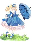  1girl absurdres black_ribbon blonde_hair blue_dress blue_ribbon blue_umbrella blunt_bangs closed_eyes closed_mouth dress earrings elizabeth_ethel_cordelia_midford flower frilled_dress frilled_sleeves frills grass hair_ribbon happy highres hitomibo holding holding_umbrella jewelry kuroshitsuji lolita_fashion long_hair ribbon sandals simple_background smile solo standing twintails twitter_username umbrella white_background white_flower wide_sleeves 