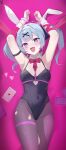  1girl absurdres animal_ears bare_shoulders black_leotard blue_eyes blue_hair blush bow bowtie breasts crypton_future_media detached_collar fake_animal_ears hair_ornament halak0000 hatsune_miku highres leotard looking_at_viewer open_mouth pantyhose piapro playboy_bunny rabbit_ears rabbit_hole_(vocaloid) ribbon smile solo teardrop_facial_mark twintails vocaloid x_hair_ornament 