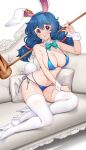  1girl ambiguous_red_liquid animal_ears aqua_bow aqua_bowtie areola_slip bikini blue_bikini blue_hair bow bowtie breasts cleavage couch detached_collar earclip full_body hataraki_kuma highres kine large_breasts long_hair looking_at_viewer low_twintails mallet navel open_mouth rabbit_ears rabbit_girl rabbit_tail red_eyes seiran_(touhou) sitting solo swimsuit tail thighhighs touhou twintails variant_set white_thighhighs 