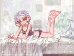  1girl ass bare_arms bare_legs bare_shoulders barefoot black_camisole black_panties blue_pupils breasts butt_crack camisole chinese_commentary cigarette cleavage closed_mouth collarbone earrings eyebrow_cut feet grey_hair hand_up jewelry lying multiple_earrings octoling octoling_girl octoling_player_character on_bed on_stomach panties red_eyes short_hair small_breasts smile solo splatoon_(series) suction_cups tentacle_hair thenintlichen96 underwear 
