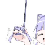  1girl animal_ears blunt_bangs blush_stickers cat_ears closed_eyes hand_up holding holding_toy lokulo-chan lokulo_no_mawashimono long_hair low_twintails lowres music open_mouth original otamatone parody portrait purple_hair purple_nails simple_background singing smile solid_circle_eyes solo split_crop toy translation_request twintails white_background 