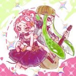  2girls :d agent_3_(splatoon) agent_8_(splatoon) bare_shoulders black_choker breasts chinese_commentary choker cleavage dress earrings green_hair guitar hat headgear highres holding holding_guitar holding_instrument holding_microphone inkling inkling_girl inkling_player_character instrument jewelry long_hair medium_breasts microphone multiple_girls octoling octoling_girl octoling_player_character open_mouth pink_eyes pink_hair pointy_ears ponytail purple_dress short_hair short_sleeves smile splatoon_(series) strapless strapless_dress suction_cups tentacle_hair thenintlichen96 very_long_hair yellow_eyes 