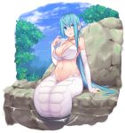  1girl abs absurdres aqua_hair arm_support bangs bare_shoulders blue_eyes blue_sky breasts bridal_gauntlets choker cleavage commentary_request covered_nipples elbow_gloves eyebrows_visible_through_hair forest gloves hair_between_eyes highres kokuyouseki lamia long_hair long_ponytail looking_at_viewer monster_girl nature navel original outdoors photoshop_(medium) ponytail rock scales sidelocks sky solo tail tongue tongue_out very_long_hair water white_gloves 