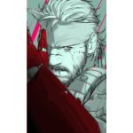  1boy arm_up beard digital_dissolve facial_hair full_beard greyscale headband liyamou looking_at_viewer male_focus mature_male metal_gear_(series) metal_gear_solid_v:_the_phantom_pain monochrome scar short_hair solo spot_color thick_mustache tsurime upper_body venom_snake wrinkled_skin 