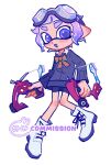  1girl :o commentary commission dapple_dualies_(splatoon) dual_wielding english_commentary full_body goggles goggles_on_head gun holding holding_gun holding_weapon inkling inkling_girl inkling_player_character knees_together_feet_apart open_mouth pointy_ears purple_eyes purple_hair short_hair simple_background smile solo splatoon_(series) splatoon_3 standing tentacle_hair thick_eyebrows tokkibada watermark weapon white_background 