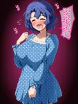 1girl antenna_hair blue_dress blue_hair blush breasts closed_eyes commentary_request dress empire_waist highres idolmaster idolmaster_million_live! large_breasts mei_ichi open_mouth polka_dot polka_dot_dress purple_dress short_dress short_hair solo toyokawa_fuka translation_request wavy_hair 