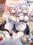  2girls absurdres animal apron arm_up armpits azur_lane bangs bare_shoulders bed_sheet bird black_dress black_hairband blunt_bangs breasts cat checkerboard_cookie chick cleavage commentary cookie copyright_name dido_(azur_lane) dress english_commentary eyebrows_visible_through_hair food frilled_apron frilled_dress frills grey_hair hair_between_eyes hairband hand_up hat highres hitsukuya large_breasts looking_at_viewer lying manjuu_(azur_lane) meowfficer_(azur_lane) military_hat multiple_girls official_art on_back parted_lips peaked_cap pillow plate purple_eyes red_eyes short_sleeves silver_hair sirius_(azur_lane) sleeveless sleeveless_dress thighhighs underboob_cutout waist_apron watermark white_apron white_hairband white_headwear white_legwear 