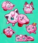  aruco_co blush_stickers bow colored_skin commentary_request copy_ability flower green_background hair_flower hair_ornament highres jigglypuff kirby kirby_(series) multiple_views no_humans one_eye_closed pink_skin pokemon pokemon_(creature) pout red_bow rolling super_smash_bros. tears 