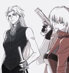  2girls belt_bra blue_eyes breasts coat dante_(devil_may_cry) devil_may_cry_(series) devil_may_cry_3 fingerless_gloves genderswap genderswap_(mtf) gloves gun highres holding looking_at_viewer lunaticanis multiple_girls red_coat vergil_(devil_may_cry) weapon white_hair yamato_(sword) 