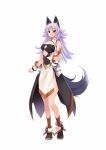  1girl animal_ears atelier-moo bare_shoulders breasts detached_sleeves full_body grey_eyes highres large_breasts long_hair mana(our_battle_has_just_begun!) our_battle_has_just_begun! purple_hair simple_background sleeveless smile solo tail thighs wolf_ears wolf_girl wolf_tail 