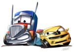  2boys autobot blue_eyes bumblebee car cars_(movie) chevrolet chevrolet_camaro crossover dated ground_vehicle i.takashi motor_vehicle multiple_boys no_humans optimus_prime parody style_parody transformers transformers_(live_action) truck vehicle_focus white_background yellow_eyes 