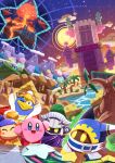  absurdres armor bandana bandana_waddle_dee blue_bandana cape colored_skin gloves highres king_dedede kirby kirby&#039;s_return_to_dream_land kirby_(series) magolor mask meta_knight no_humans palm_tree pauldrons pink_skin pom_pom_(clothes) rayman_limbs shoulder_armor solid_oval_eyes star_(symbol) tower tree watawata22 yellow_eyes yellow_gloves 