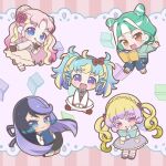  5girls :d ahoge black_hair blonde_hair blue_eyes blue_hair blue_pants blunt_bangs book bow carron_(waccha_primagi!) chibi chii_(chi_pppuri) chimumu closed_mouth commentary_request cup disposable_cup double_bun dress flower full_body green_hair green_shirt hair_bow hair_bun hair_flower hair_ornament hair_ribbon hanitan holding holding_book holding_cup long_hair long_sleeves looking_at_viewer multicolored_hair multiple_girls myamu open_book open_mouth orange_eyes pants parted_bangs patano_(waccha_primagi) pink_eyes pink_flower pink_hair pink_rose pretty_series purple_eyes purple_hair ribbon rose shirt short_hair sidelocks sitting smile standing streaked_hair tongue tongue_out twintails very_long_hair waccha_primagi! wavy_hair white_dress white_hair 