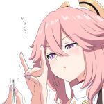  1girl ani_meso blush commentary_request genshin_impact hair_between_eyes holding_sewing_needle long_hair nail_polish parted_lips pink_hair pink_nails purple_eyes shirt solo thread translation_request white_shirt yae_miko 