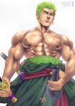  1boy abs alcohol artist_name bara belt bottle green_eyes green_hair highres holding holding_sword holding_weapon katana large_pectorals logo looking_down male_focus manly mature_male muscular muscular_male nipples one_eye_closed one_piece pectorals roronoa_zoro sake sake_bottle scar scar_on_face signature simple_background skirt solo soynutts spiked_hair sword thick_arms twitter_username veins weapon white_background 