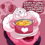 1:1 anthro apron belly canid canine canis caring clothed clothing comforting curled_hair digital_media_(artwork) domestic_dog english_text eyes_closed fluffy food fujiyama_kenhaku fujiyama_samoyed_(artist) fur gentle_giant girly hair hi_res looking_at_viewer male mammal motherly nordic_sled_dog obese obese_anthro obese_male overweight overweight_anthro overweight_male samoyed simple_background smile solo soup spitz sweater text topwear white_body white_fur