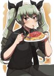  1girl anchovy_(girls_und_panzer) anzio_military_uniform artist_logo artist_name belt black_belt black_necktie black_ribbon black_shirt brown_eyes commentary dress_shirt drill_hair eating food food_on_face fork gabuillust girls_und_panzer green_hair grey_pants hair_ribbon highres holding holding_fork holding_plate italian_commentary long_hair long_sleeves looking_at_viewer military_uniform necktie pants pasta plate ribbon shirt sitting sleeves_rolled_up solo spaghetti twin_drills twintails uniform wing_collar 