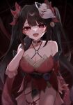  1girl :d bare_shoulders bell black_choker black_gloves bow breasts brown_hair choker cleavage cowboy_shot dress fox_mask gloves hair_bow hair_intakes hand_on_own_cheek hand_on_own_face highres honkai:_star_rail honkai_(series) large_breasts legs_together long_hair looking_at_viewer mask mask_on_head mp.4_(sumi_04077) neck_bell open_mouth pelvic_curtain pink_eyes red_bow red_dress short_dress sidelocks single_glove sleeveless sleeveless_dress smile solo sparkle_(honkai:_star_rail) teeth thigh_gap thighs twintails 