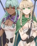  2girls aqua_hair blonde_hair blue_background braid breasts cleavage cloak closed_mouth dark-skinned_female dark_skin dress eltolinde eyelashes green_cloak green_eyes hair_intakes highres holding holding_staff large_breasts long_hair looking_at_another looking_at_viewer meansary multiple_girls pointy_ears purple_cloak red_eyes rosalinde_(unicorn_overlord) sleeveless smile staff strapless strapless_dress unicorn_overlord upper_body white_dress wrist_guards 