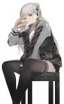  1girl anths arm_between_legs black_thighhighs burger covered_collarbone eating feet_out_of_frame food grey_hair hair_bun hair_ornament highres holding holding_food iron_saga jacket long_hair long_sleeves looking_at_viewer lying on_back open_clothes open_jacket qin_(iron_saga) red_eyes shirt single_hair_bun sitting sleeveless sleeveless_shirt solo sukajan thighhighs white_shirt 
