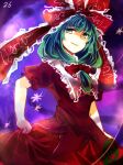  1girl bow closed_mouth commentary_request dress front_ponytail green_eyes hair_bow hair_ribbon kagiyama_hina kutsuki_kai medium_hair one-hour_drawing_challenge purple_background red_bow red_dress red_ribbon ribbon short_sleeves smile solo touhou 