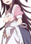  1girl apron bandaged_arm bandages bra bra_lift breasts brown_hair danganronpa_(series) danganronpa_2:_goodbye_despair head_out_of_frame highres long_hair medium_breasts morisobo nipples open_mouth puffy_short_sleeves puffy_sleeves saliva short_sleeves simple_background solo sweatdrop tsumiki_mikan underwear white_apron white_background white_bra 