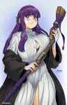  1girl :&lt; black_bra black_coat bra bra_peek breasts coat darkereve dress fern_(sousou_no_frieren) hand_wraps highres huge_breasts lace-trimmed_bra lace_trim mage_staff partially_unbuttoned pout purple_eyes purple_hair purple_pupils solo sousou_no_frieren staff thick_thighs thighs underwear white_dress 