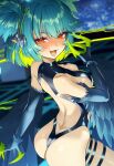  1girl ass black_feathers black_wings blue_hair blush breasts claws cluseller colored_inner_hair feathered_wings feathers green_hair harpy highres indie_virtual_youtuber lincoro looking_at_viewer medium_breasts monster_girl multicolored_hair open_mouth pointy_ears red_eyes revealing_clothes short_hair short_twintails solo twintails two-tone_hair virtual_youtuber winged_arms wings 