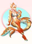 4_fingers 4_toes absurd_res anthro bikini blue_eyes breasts clothing feet female fingers fish hair hi_res jewelry marine nails navel orange_body pawpads paws shark simple_background sitting solo sushi_(sootsprite) swimwear tan_body toes unknown_artist white_hair