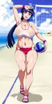  1girl :d absurdres armpits bare_shoulders beach beach_volleyball blue_hair blue_sky blunt_bangs breasts buruma cleavage cloud day ebino_mei full_body hatsukoi_zombie highres long_hair muimui navel nipples open_mouth outdoors ponytail purple_eyes sandals see-through sky smile solo sweat volleyball_net wristband 