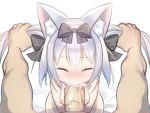  1boy 1girl animal_ear_fluff animal_ears azur_lane bangs black_bow blush bow breasts cat_ears closed_eyes cum cum_in_mouth erection eyebrows_visible_through_hair hair_bow hair_grab hetero irrumatio long_hair nanaken_nana nipples nose_blush nude oral overflow penis pov silver_hair small_breasts twintails yukikaze_(azur_lane) 