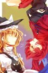  2girls black_headwear black_shirt blonde_hair bow braid cloak closed_mouth commentary_request crossed_arms from_side hair_bow hat juliet_sleeves kirisame_marisa kutsuki_kai long_hair long_sleeves multiple_girls one-hour_drawing_challenge puffy_sleeves red_eyes red_hair red_skirt sekibanki shirt short_hair side_braid single_braid skirt touhou two-tone_background white_bow witch_hat yellow_eyes 