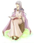  1girl book cape circlet crate dress fire_emblem fire_emblem:_genealogy_of_the_holy_war grey_hair holding holding_book julia_(fire_emblem) kanariasan long_hair open_book purple_cape purple_eyes simple_background sitting smile solo wide_sleeves 