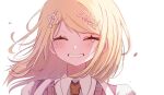  1girl akamatsu_kaede blurry blurry_background blush collared_shirt danganronpa_(series) danganronpa_v3:_killing_harmony grin hair_ornament highres long_hair musical_note musical_note_hair_ornament necktie orange_necktie ringo_ame_no_ria shirt simple_background smile solo tearing_up teeth white_shirt 