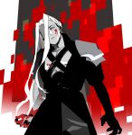  1boy abstract_background armor belt black_coat black_gloves black_pants blood blood_on_chest blood_on_face blood_on_hands blue_eyes chest_strap coat commentary english_commentary expressionless final_fantasy final_fantasy_vii fire gloves high_collar limited_palette littlemute long_bangs long_hair long_sleeves looking_down male_focus one_eye_covered pants pauldrons pixelated sephiroth shoulder_armor spot_color standing upper_body 